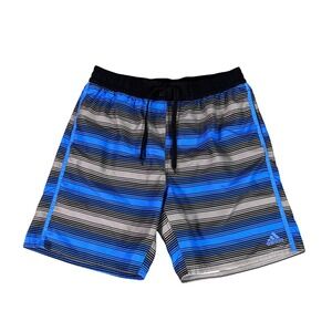 Y2K Adidas Mens Board Shorts Blue Gray Stripe‎ Drawstring Waist XL
